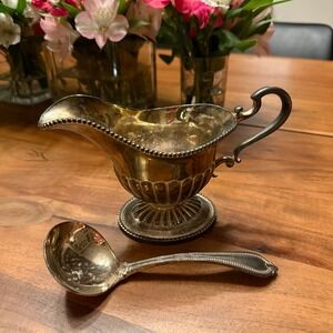 International Silver Co Gravy Boat and Ladle Set Beaded Rim Silverplate Vintage
